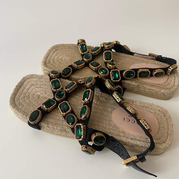 Gucci Grosgrain Espadrille Sandal with Green Crystal - Picture 2 of 5